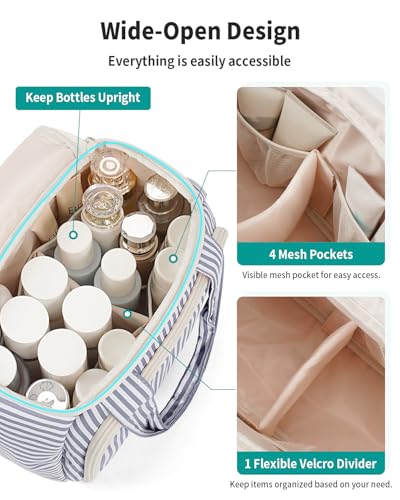 Narwey Striped Travel Toiletry Bag for Women Large Makeup Bag, Wide-open Cosmetic Make Up Organizer with Handle, Travel Bag for Toiletries, Essentials, Accessories (Greyish Blue Stripe) - color: Y-Greyish Blue Stripe
