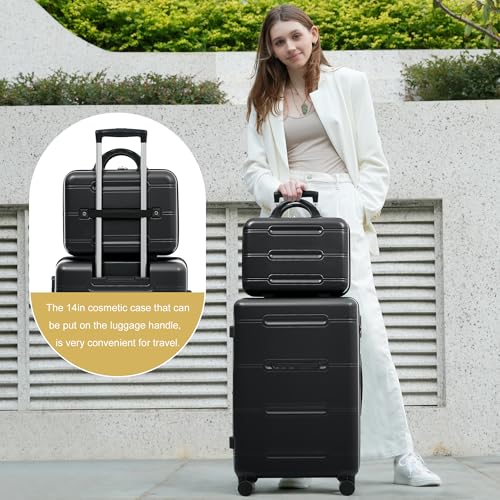 Merax Luggage Set 6 Piece,Lightweight Hardshell Suitcase with Double Spinner Wheels Handle Password Lock,14 IN Cosmetic Case 20/24/28 IN Luggages with Duffel Bag and Toiletry Bag,Black - color: Black, style: 14+20+24+28+bags