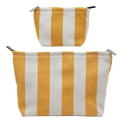 2 Pcs Makeup Bag Set, Women Gifts, Travel Cosmetic Bags, Canvas Make up Bag for Purse, Yellow Striped Makeup Pouch with Zipper Lining, Cosmetic Storage Car Organizer, Portable Large & Small Toiletry - style: Striped Yellow Canvas