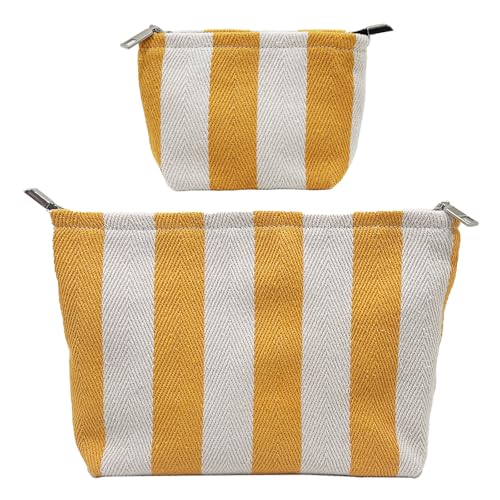 2 Pcs Makeup Bag Set, Women Gifts, Travel Cosmetic Bags, Canvas Make up Bag for Purse, Yellow Striped Makeup Pouch with Zipper Lining, Cosmetic Storage Car Organizer, Portable Large & Small Toiletry - style: Striped Yellow Canvas
