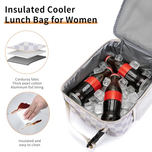 Lunch Box for Women Men Adult Insulated Lunch Bag Women Men Small Reusable Lunchbox for Work Picnic Travel (Beige-Purple Plaid) - color: Beige-Purple Plaid