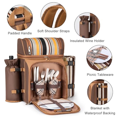 ALLCAMP Picnic Backpack - Insulated Cooler Bag with Compartment, Detachable Wine Glass Holder, Throw Blanket & Cutlery Set,2 Person Picnic Set for Family Outings, Couple Gifts (Brown) - color: Brown, size: 2 person