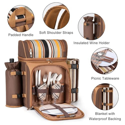 ALLCAMP Picnic Backpack - Insulated Cooler Bag with Compartment, Detachable Wine Glass Holder, Throw Blanket & Cutlery Set,2 Person Picnic Set for Family Outings, Couple Gifts (Brown) - color: Brown, size: 2 person