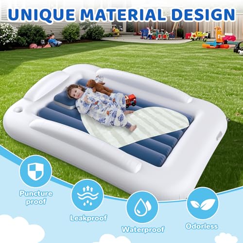 Inflatable Toddler Travel Bed - 60 Inches Portable Toddler Bed for Travel with Safety Sides - Cozy Kids Air Mattress Set with Built-in Electric Pump & Carry Case- Easy to Inflate - Sea Blue - color: Blue