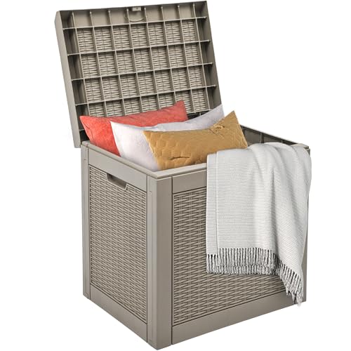 DWVO 32 Gallon Indoor Outdoor Storage Box, Resin Rattan Small Deck Box for Patio Furniture, Cushions, Garden Tools, Sports Equipment,Brown - color: Brown, size: 32 Gallon