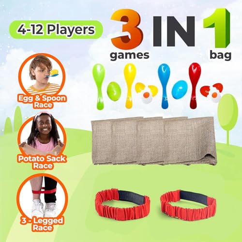 Shop Square Outdoor Field Day Games, Potato Sack Race Bags for Kids and Adults, Egg and Spoon Race, 3 Legged Race Bands - with Storage Bag - size: Pack of 4 (Bundle)