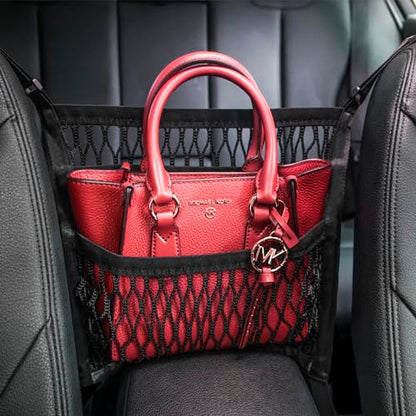 Car Organizer Between Front Seats, Purse Holder, Dog Barrier, Mesh Net Bag | AMEIQ Car Accessories, 3 Layers Net 2 Pockets Storage Bag, Purse Handbag Holder, Backseat Kid Pet Barrier, Black, Patented