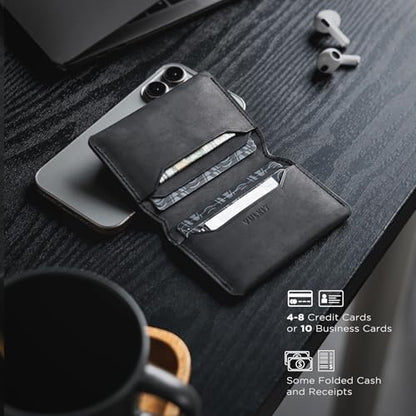 VULKIT Slim Minimalist Card Holder RFID Blocking Leather Credit Card Holder Front Pocket Wallet Magnetic Closure, Handcrafted Cowhide Version - color: Handicrafts Cowhide- Black