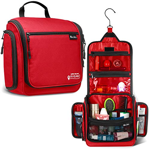 Travel Toiletry Bag for Men and Women - Large Hanging Toiletry Organizer - Waterproof Hygiene Bag with Metal XXL Swivel Hook, with Sturdy Zippers and 19 Compartments for Toiletries, Makeup, Cosmetics - color: L Crimson Red