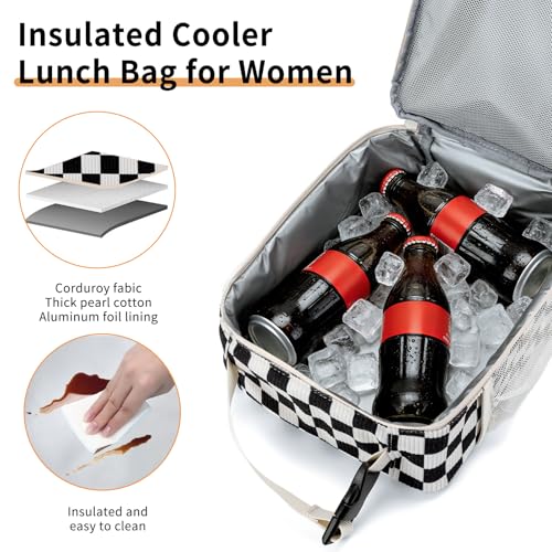 Lunch Box for Women Men Adult Insulated Lunch Bag Women Men Small Reusable Lunchbox for Work Picnic Travel (Black-White Plaid) - color: Black-White Plaid