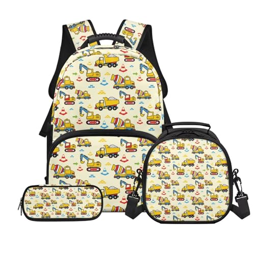 3 Pcs School Backpack for Kids,Excavator Bookbag Elementary School Daypack with Insulated Lunch Box Pen Case Set,for Teen Children Students,Back to School Supplies - color: Excavator -1