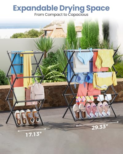 APEXCHASER Oversize Clothes Drying Rack, 3-Tier Drying Rack Clothing, Expandable Metal Laundry Drying Rack, Air Drying Rack, Clothes Rack, No install, 24lb Capacity, 14.9" D x 29.3" W x 39.3" H, Black - color: Black
