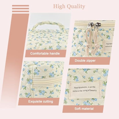 NATINSA Cute Makeup Bag for Women(2 Pcs), Travel Cosmetic Bags, Quilted Coquette Aesthetic Floral Toiletry Organizer Bag (47 - BlueMuDan) - color: 47 - BlueMuDan