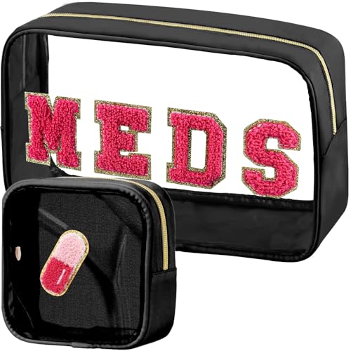 BuyCard 2 Pcs Medicine Chenille Letter Bag Preppy Clear Makeup Meds Pouch for Travel Nylon & PVC Transparent Cosmetic Bag Preppy Patch Toiletry Storage for Women Girls Black - color: MEDS-Black, style: 2 Pcs-clear