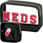 BuyCard 2 Pcs Medicine Chenille Letter Bag Preppy Clear Makeup Meds Pouch for Travel Nylon & PVC Transparent Cosmetic Bag Preppy Patch Toiletry Storage for Women Girls Black - color: MEDS-Black, style: 2 Pcs-clear