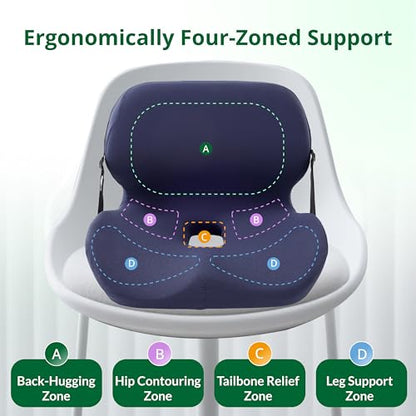 Ergonomic Seat Cushion for Sciatica Relief & Long Driving - Memory Foam Back Support with Adjustable Strap, Non-Slip Base & Removable Mesh Cover - Office, Car (Navy Blue) - color: Navy