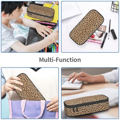 Perinsto Brown Leopard Print Pencil Case Big Capacity Multi Compartment Stationery Box Pencil Pouch Holder Desk Organizer For School Office Home - color: Leopard #01