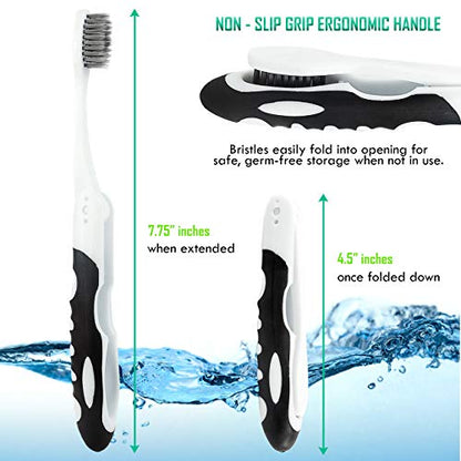 Lingito Folding Toothbrush with Built-in Cover - Travel Size, Collapsible, Soft-Charcoal (6 Pack) - style: 6 Pack-Charcoal
