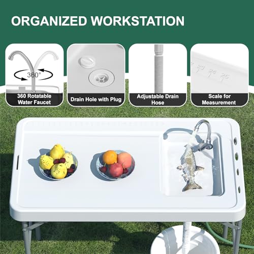 42.5" Fish Cleaning Table with Sink, Folding Camping Table & Fish Cleaning Station with Measure Mark, Camping Sink with Hose Hookup for Outdoor Picnic, Beach, Dock & Patio Use - style: Fish cleaning table