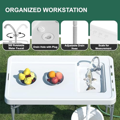 42.5" Fish Cleaning Table with Sink, Folding Camping Table & Fish Cleaning Station with Measure Mark, Camping Sink with Hose Hookup for Outdoor Picnic, Beach, Dock & Patio Use - style: Fish cleaning table
