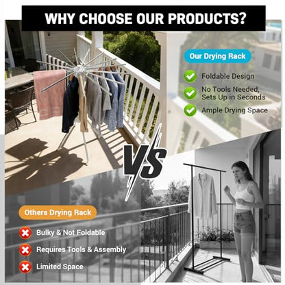 Clothes Drying Rack Foldable, Clothes Drying Rack Drying with wheels with 16 Arms Laundry Drying Rack Saving Collapsible Hanger Tripod Clothes Drying Rack Rack Clothing Balcony Bedroom Apartment