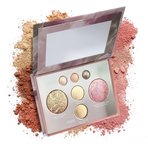 K'APEINE All-in-One Makeup Palette, 7 Colors Baked Face Palette Includes Bronzer, Blush, 2 Highlighters and 3 Eyeshadows- Shimmer Travel Makeup Kit with Mirror for Women Daily, Party - color: Pink Marble Sunkissed (7 Colors)