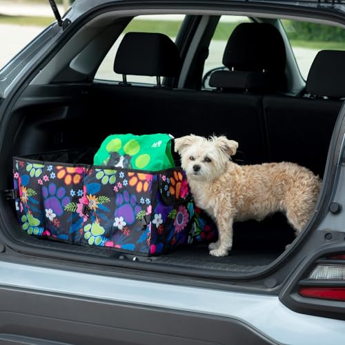 GreaterGood Collapsible Paw Print Car Trunk Organizer with 6 Pockets Truck SUV and Sedan Caddy With Compartment Vehicle Storage Container (Garden of Paws) - color: Garden of Paws