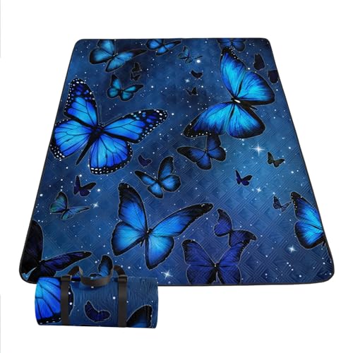 Outdoor Picnic Blanket Portable Ultrasonic Waterproof Picnic Cartoon Butterfly Blue Printed Camping Beach Mat for Sand and Wet Grass Hiking (Cartoon Butterfly L - color: Cartoon Butterfly, size: Extra Long - 78"x78"