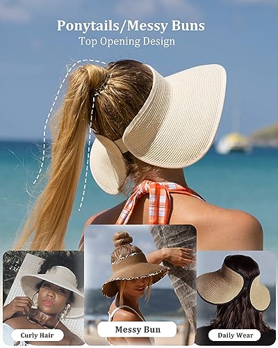 FURTALK Sun Hats for Women Wide Brim Beach Hat Straw Visor Ponytail Summer UV Packable Foldable Beach Vacation Essentials - color: Beige With Black