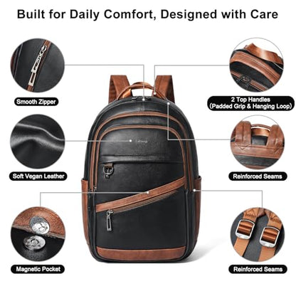 LATMAP Backpack for Women Men - Vegan Leather Backpack Purse Travel Carry-on Bag College Bookbag Work fits 16.5" Laptop,Black&Brown - color: Black&brown