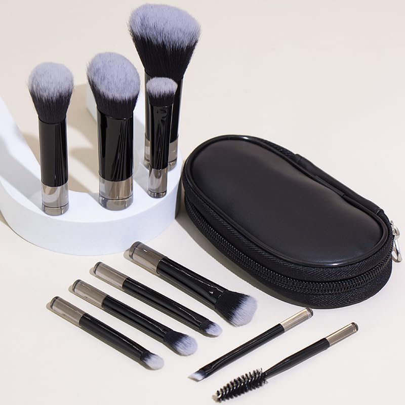 Portable ON THE GO Makeup Brush Set, COSHINE 10pcs Easy-taken Mini Full Complete Function Cosmetic Brushes Kit with Brush Pouch (black) - color: black