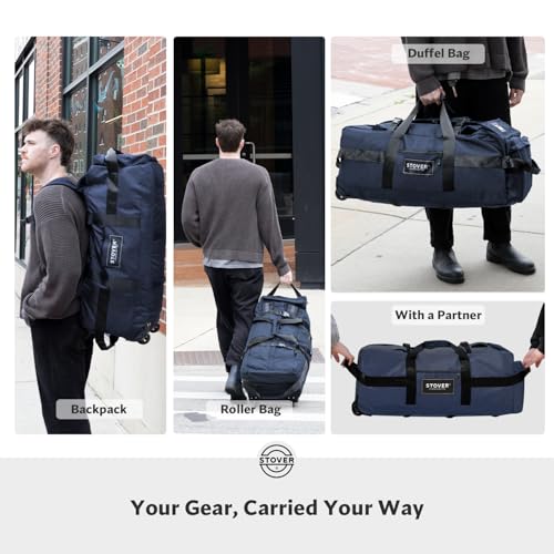 STOVER 45/80/100L Rolling Duffel Bag with Wheels, Large Durable Travel Duffle + Toiletry Bag, Heavy Duty, Packable, Foldable with Shoulder Straps- Use as Luggage or Backpack, Men/Women (Blue) - color: Blue