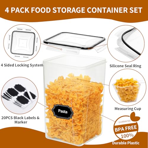 HKJ Chef 4 Pack Extra Large Airtight Food Storage Containers with Lids (6.5L / 220 oz), BPA Free Plastic Kitchen and Pantry Organization Contianers for Cereal Flour and Sugar Storage, Labels & Marker