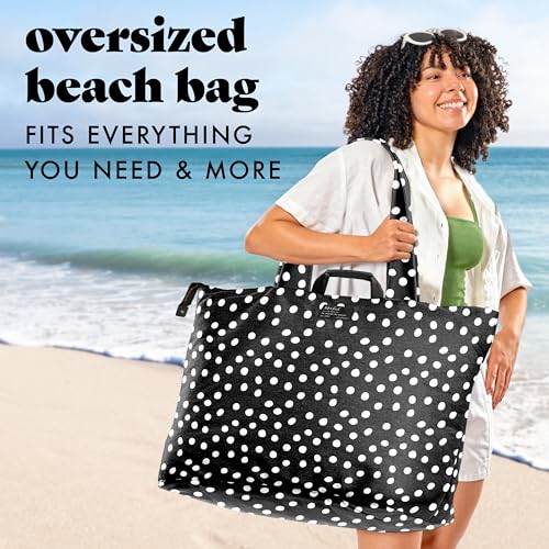 Fit & Fresh XL Beach Tote Bag for Women – XL Travel Tote with Zipper & Pockets, Oversized Canvas Pool Bag, Weekender Carry-On - color: B&w Dot