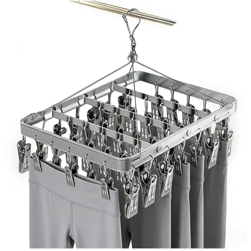Pants Hanger Clothes Drying Racks Clip Hangers Metal with 36 Clips Windproof Hook Underwear Hanger Foldable Laundry Clip for Socks Bras (Silver) - color: Silver