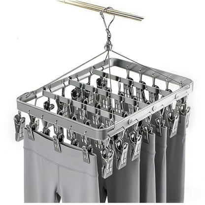 Pants Hanger Clothes Drying Racks Clip Hangers Metal with 36 Clips Windproof Hook Underwear Hanger Foldable Laundry Clip for Socks Bras (Silver) - color: Silver