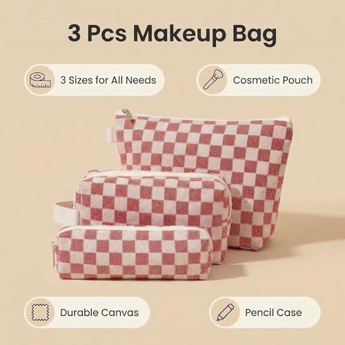 3 Pcs Canvas Makeup Bag Set Checkered Cosmetic Pouch for Women Travel Toiletry Bag Cute Makeup Organizer Purse Pouch Preppy Pencil Case with Zipper (Checkered Red) - color: Checkered Red