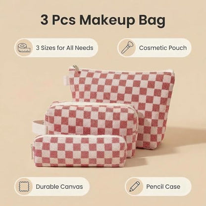 3 Pcs Canvas Makeup Bag Set Checkered Cosmetic Pouch for Women Travel Toiletry Bag Cute Makeup Organizer Purse Pouch Preppy Pencil Case with Zipper (Checkered Red) - color: Checkered Red