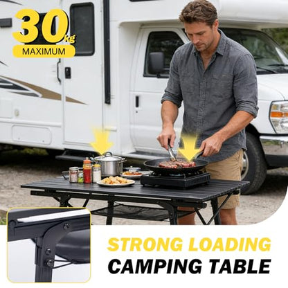 Portable Camping Table with Adjustable Hight Legs, Lightweight Aluminum Folding Beach Table with Mesh Net,Carrying Bag for Outdoor Cooking, Picnic, Beach, Backyards, BBQ and Party - color: Black-90cm