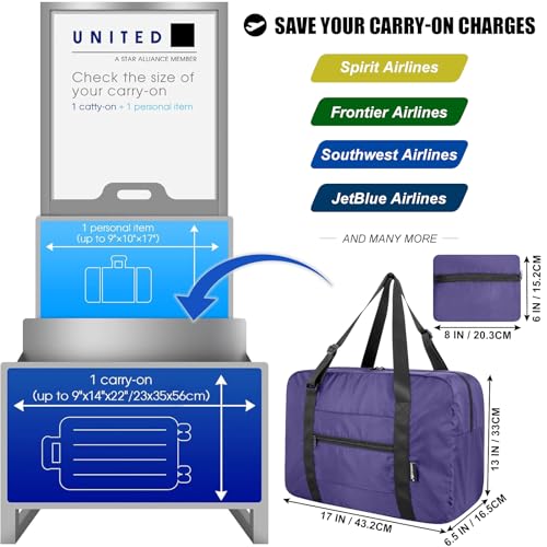 Foldable Travel Duffle Bag, Airlines Approved Carry On Bag Weekender Overnight Bag for Men Women, 23L (Purple) - color: Purple, size: 23L