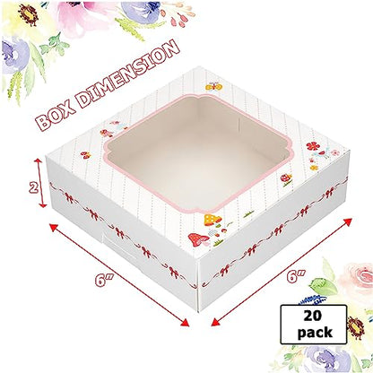 20 Pack Bakery Boxes with Window Small 6x6x2 inch for Cookie, Candy, Pastry, Brownie, Chiffon Cake, Tart, Pie, Waffle (White-Flora) - color: White-Flora