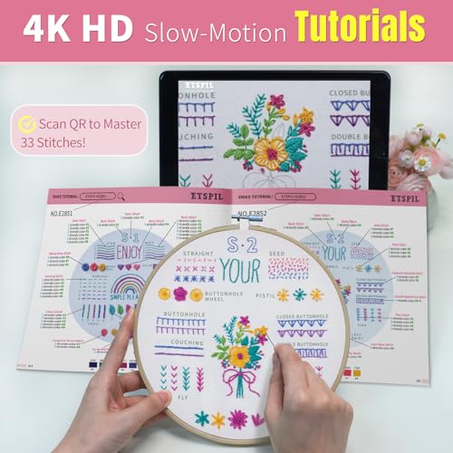 ETSPIL Embroidery Starter Kit for Adults, 3 Simple Patterns to Master 33 Stitches, Easy Step-by-Step 4K HD Video Tutorials & Bound Guide, DIY Craft Gift for Teens - color: simple A