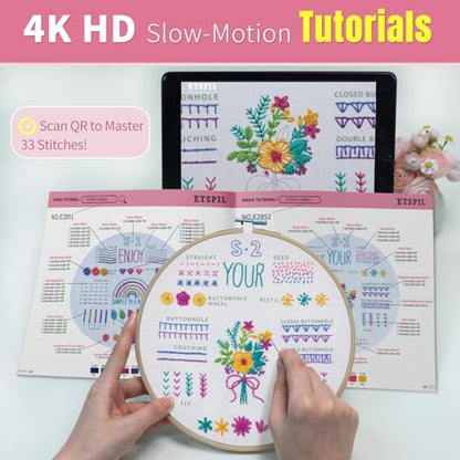 ETSPIL Embroidery Starter Kit for Adults, 3 Simple Patterns to Master 33 Stitches, Easy Step-by-Step 4K HD Video Tutorials & Bound Guide, DIY Craft Gift for Teens - color: simple A
