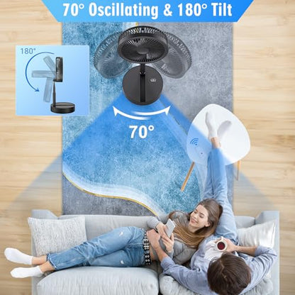 LIPETY Portable Foldable Oscillating Fan - 8.6" 8000mah Rechargeable Battery Operated USB C Small Fan with Remote Quiet Table Desk Fan Folding Standing Pedestal Fan for Rome Office Camping Travel - color: black