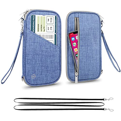 Passport Wallet, RFID Passport Holder with Vaccine Card Slot, for Family and Women & Men, Travel Document Organizer with Removable Wristlet Crossbody Strap (Blue) - color: Blue