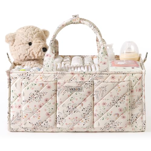 Extra Large Diaper Caddy Organizer – Big Baby Essentials Nursery Storage Basket with Zipper Pocket & Shoulder Strap, Splashproof Travel Tote for Twins, Gifts for Baby Shower, Beige Floral - color: Beige Floral, size: X-large