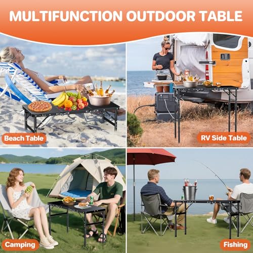 FUNYKICH 3ft Camping Folding Table with 3 Height(35.4'' Lx15.7'' W), Max Height 29.4'' Portable Small Outdoor Tables, Lightweight Beach Table with Carry Handle for Camping, Backyard, Picnic, Handcraft - size: 35.4''x15.7''x29.4''(Black)