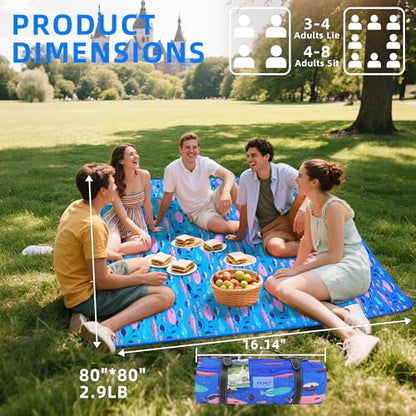 Picnic Blanket, 80x80 Inches, White Fish Pattern, Double Thickened with 150g Cotton, Portable Foldable with Leather Carry Strap - color: Blue Fish, size: 80"x80"