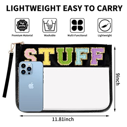 Iqimott Chenille Letter Clear Bag Stuff Pouch, Monogram PVC & PU Makeup Cosmetic Bag Zipper Toiletry Pouch, Waterproof Portable Purse Travel Beach Snack Wristlet Bags for Women Girls(Stuff, Black) - color: Stuff-Black