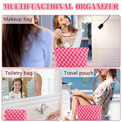 ZLFSRQ 3Pcs Makeup Bag Checkered Cosmetic Bag Set Travel Toiletry Bags for Purse Large Small Makeup Pouch for Women Cute Preppy Pencil Pouch Case Pink Zipper Skincare Bags - color: B-Checkered 3Pcs Mix Pink
